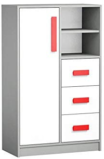 Furniture24 Kommod GIT 06 Hochkommode mit 3 Schubladen, 1 Tür, Mehrzweckschrank, Sideboard, Schubladenkommode für Jugendzimmer, Kinderzimmer (Anthrazit/Weiß/Rot)