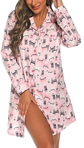ENJOYNIGHT Chemise de nuit en flanelle imprimée pour femme - Chemise de nuit boutonnée sur le devant