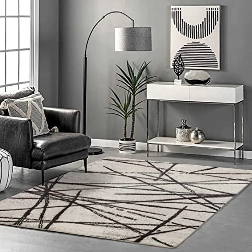 Calore Teppich Wohnzimmer Beige Schlafzimmer Teppich Flauschig Kurzflor Waschbarer Dunkelbraun Gestreifter Teppiche (120 x 160 cm, Beige)