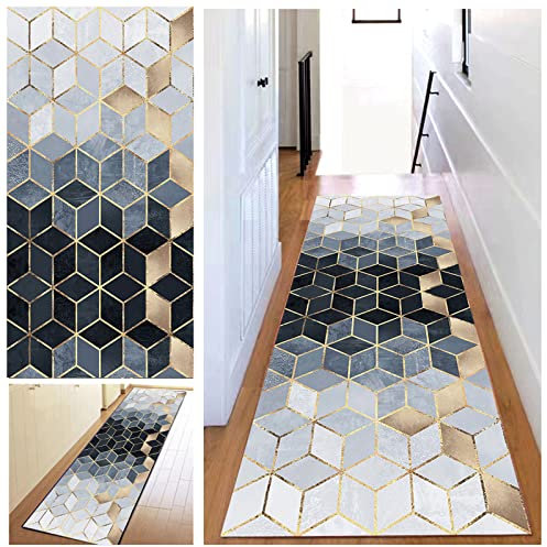 KCYXSMAX Teppich Läufer Flur 50 * 220cm Schwarz Weiße Geometrische Küchen Teppich Weich Polyester Lange Küchenläufer für Korridor Schlafzimmer Wohnzimmer Geometrisches Waschbar Meterware Anpassbar
