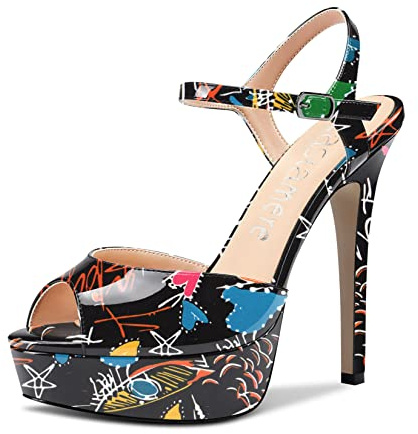 Castamere Donna Spillo Alto Piattaforma Tacco Aperte sulla Punta Sandali Cinturino alla Caviglia Slingback Fibbia Pumps da Matrimonio Feste Dress Scarpe 13CM Heels Multicolore Verniciata A 38 EU