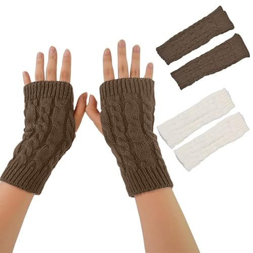Scettar Handstulpen, 2 Paar Weicher Strick Fingerlose Handschuhe Für Mädchen Und Damen, Winter Weihnachts-/Geburtstagsgeschenk (Dunkelgrau, Weiß)