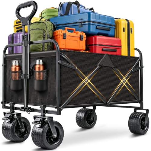 Menbyci Festival Trolley on Wheels, Large Folding Wagon, Portable Camping Cart, Collapsible Foldable Trolly for Garden Beach Outdoor Picnic Shopping, Wide Wheels with Brakes, Adjustable Handle