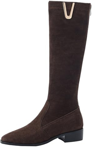 Lroey Reoly Botas Altas Hasta La Rodilla con Tacón de Bloque para Mujer, Botas Elásticas Punta Quadrada Tacón Medio Zapatos Largas Zip, O7580Ss Marrón Talla 40 EU
