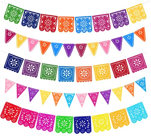 XZEIT 5er Pack Tag der Toten Banner Mexikanische Banner Partydekorationen, Bunte durchbrochene mexikanische Fiesta Party Dia De Los Muertos Girlande Cinco De Mayo Dekorationen, Tag der Toten Banner