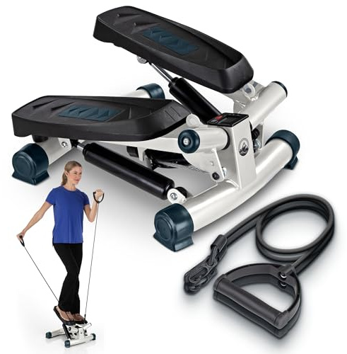 Portable Stair Stepper Exercise Machine with LCD Monitor and Resistance Bands â Compact Home Gym Stair Climber for Cardio, Strength, and Full-Body Workouts by Wakeman, White/Gray