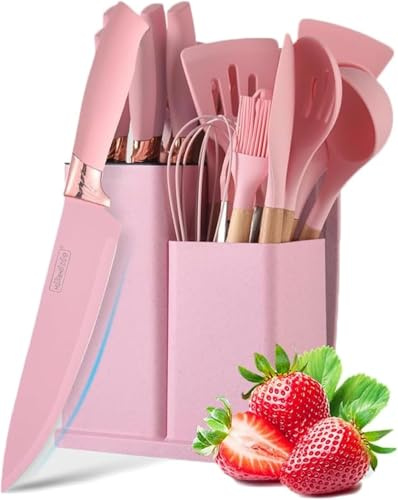 Set di utensili da cucina, 19 pezzi, utensili da cucina in silicone, con supporto e coltello da cucina, antiaderente, resistente al calore, utensili da cucina e gadget con manico in legno (rosa)