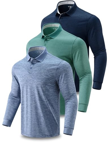 3 Pack: Dry Fit Long Sleeve Polo Shirts for Men, Athletic Collared Golf T-Shirts Performance Tops (Set 4, XX-Large)