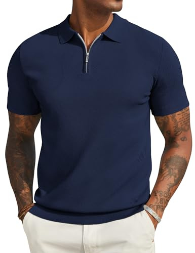 COOFANDY Herren Poloshirt Kurzarm Sommer Strick Polo T-Shirts mit Reißverschluss Männer Polohemd Golf Shirt Marineblau L