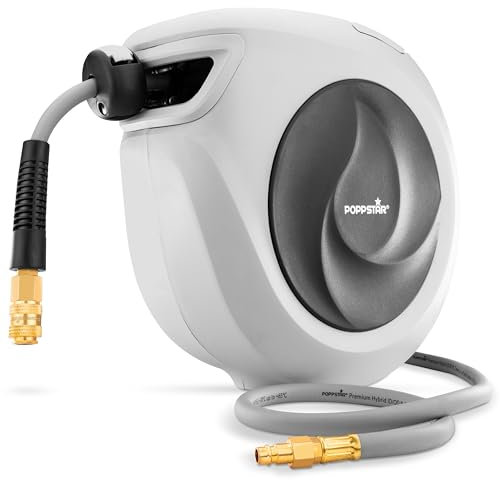 Poppstar Enrollador de manguera de aire comprimido (15m+1,5m, diámetro 3/8 (9,2 x 14 mm)), conexión 1/4 BSPT, carrete de manguera de aire comprimido de PVC híbrido