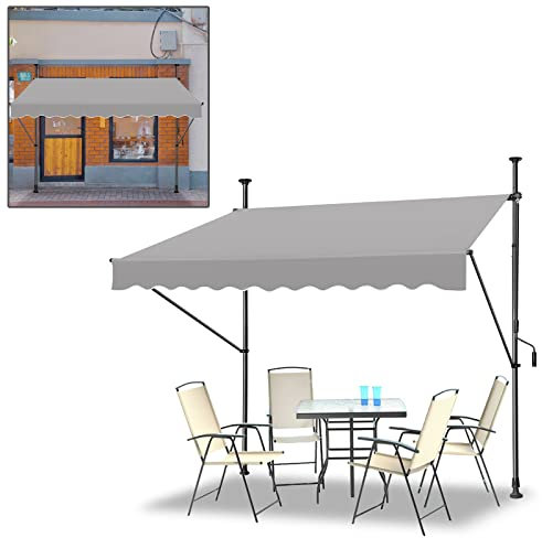 300x120 cm Outdoor Sun Shade CanopyUV Resistant Drop Arm Awning with CrankNo Drilling InstallationLight Gray Portable Patio Protection