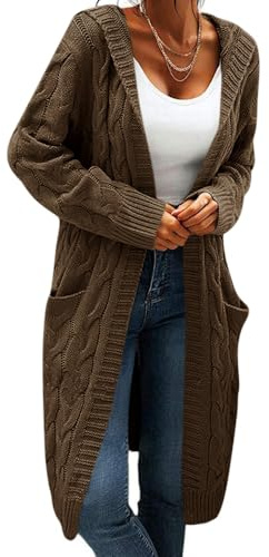 GeGekoko Damkofta med huva, långärmad grovstickad kofta med öppen front, tröja för höst och vinter, avslappnad stickad pullover med fickor, Mörkbrun, L
