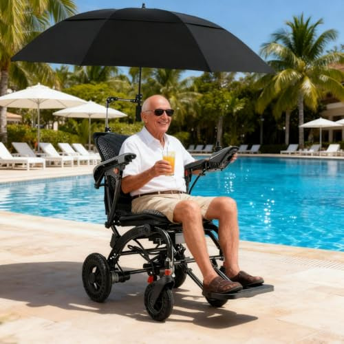 Juodkeo Sedia a rotelle elettrica leggera pieghevole motorizzata solo 14 kg per adulti doppio motore facile da usare | Pneumatici fuoristrada e rotazione a 360°, approvato per viaggi e compagnie aeree