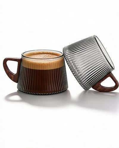Holzwurm Kaffeetassen Set - 2er Set Kaffeetasse Groß aus Borosilikat Glas mit Holzhenkel, 230 ml pro Kaffeetasse - Kaffe Tassen Modern Set für stilvollen Genuss
