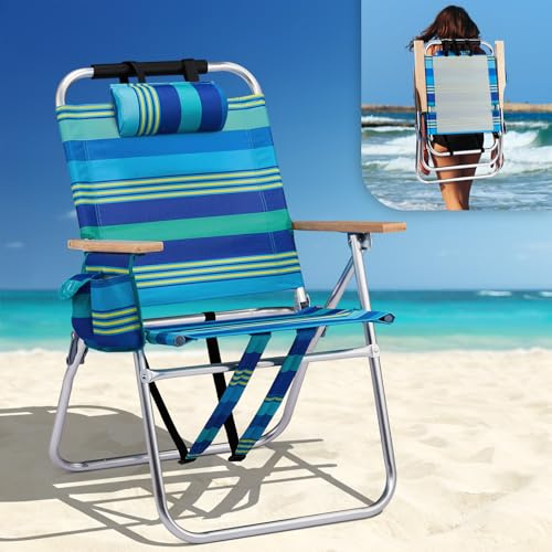 VINGLI Aluminum 17 Backpack Beach Chair – Tall Beach Chairs for Adults, Portable with Adjustable Straps, 3-Position Reclining, Cup Holder, High Lightweight Beach Chairs for Beach