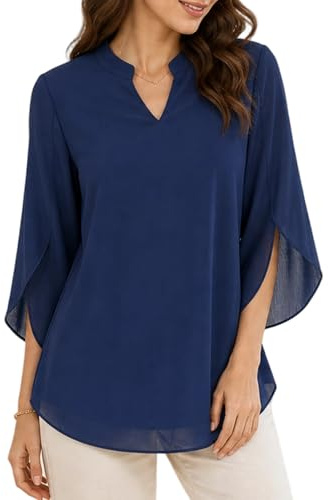 Supcomsta Chiffon Blouse for Women UK,Ruffle 3/4 Split Sleeve Ladies Blouses,Double Layer Lined Anti-Sheer V Neck Chiffon Top,Loose Flowy Summer Tops