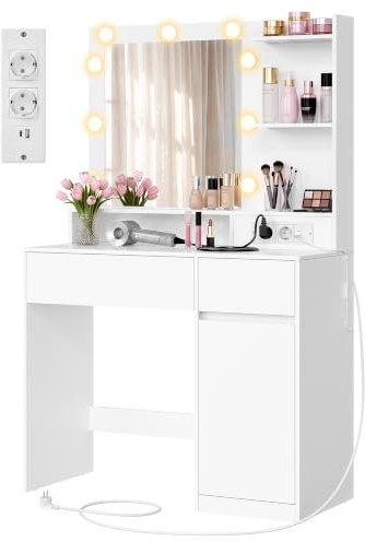 VASAGLE Sminkbord med Spegel och Belysning, 9 LED-lampor, med Uttag | med 3 Färglägen, USB-portar, Lådor och Skåp, 80 x 80 x 144,3 cm, Moln Vit, KAILYN Kollektion RDT242WB01