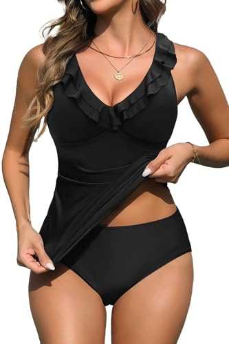 Yonique Womens Two Piece Swimsuits - Ruffle Flounce Tankini Tummy Control Bathing Suits V Neck Swimwear Black XL