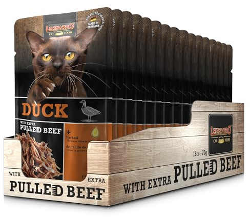 Leonardo Sacchetto salvafreschezza [16x70g Anatra con straccetti di carne di manzo] Pulled Beef | Cibo umido senza cereali per gatti | Alimento completo per gatti