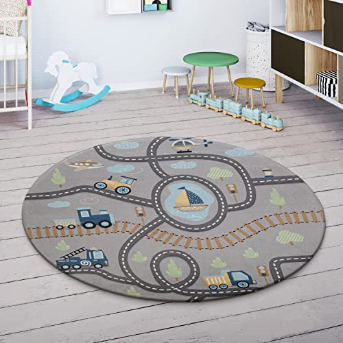 Paco Home Kinderteppich Teppich Rund Kinderzimmer Spielmatte Babymatte rutschfest Stern Mond Elefant Regenbogen, Grösse:Ø 150 cm Rund, Farbe:Grau 2