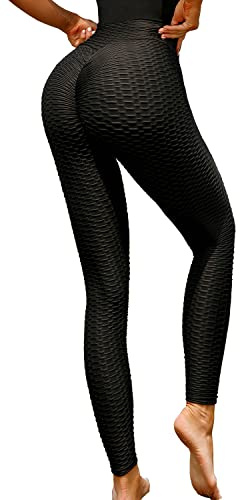 Fohevers Träningsleggings för kvinnor yoga gym löpning elastisk sport rynkad scrunch rumplyft magkontroll leggings, Svart, M