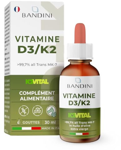 Bandini® Vitamin D3 K2 Tropfen Hochdosiert | Vitamin K2 99,7+% All-Trans MK-7 | 100 mcg K 2 + 1000 I.E hochbioverfügbares D 3 | In kaltgepresstem nativem Olivenöl Extra aus Italien | Laborgeprüft