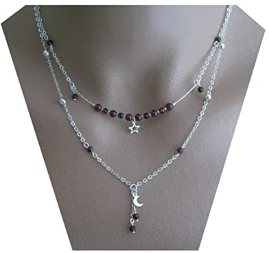 Collier chaîne 2 rangs double en Argent 925 Pendentif Etoile Lune Pierre Naturelle Gemme Grenat, Fabriqué en France Oïana Création Original