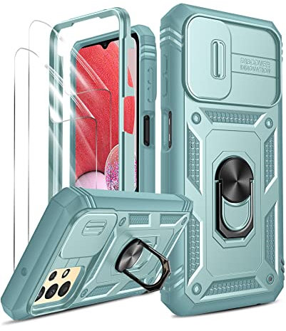 LeYi for Samsung A13 Phone Case with Camera Cover Slider, (2 Pack HD Screen Protector) 360° Full Body Protective Shockproof Heavy Duty Cover with Ring Stand for Galaxy A13 4G Green