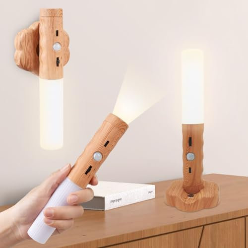EOEO Holz Akku Wandleuchte mit Bewegungsmelder Kabellos LED Innen Wandlampe USB Aufladbar Bettlampe Tischlampe Magnetische Tragbare Nachtlichte für Schlafzimmer, Flur,Warm light