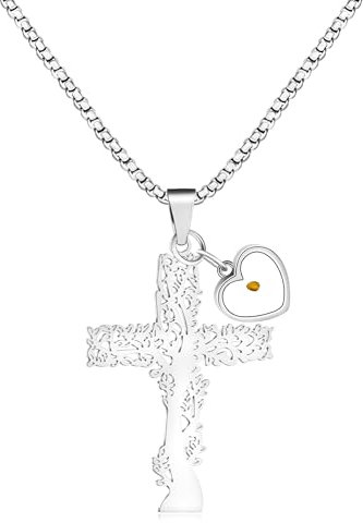 Oneress Shining White Olive Leaf Shaped Hollow Christian Cross Stainless Steel Link Necklace with Heart-shaped Mustard Seed Pendant, Great Jewelry Gift for Family YA4473