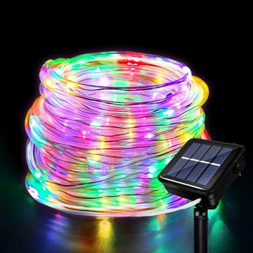 Hulaiyaa Outdoor Solar LED Rope Lights - 39ft, 100 LEDs, Waterproof, 8 Modes for Christmas Decoration, Home, Yard, Party, Tree