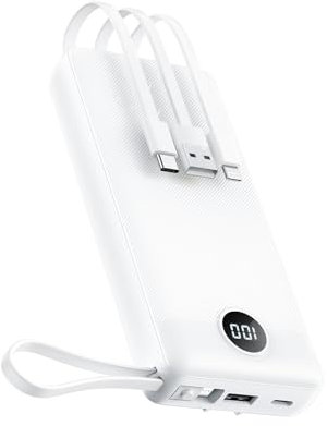 Power Bank 20000mAh Powerbank USB C con Cavi Integrati Caricatore Portatile con 5 Uscite e 2 Ingressi Batteria Esterna Compatibile con iPhone, iPad, Samsung, Huawei, Xiaomi (Bianco)