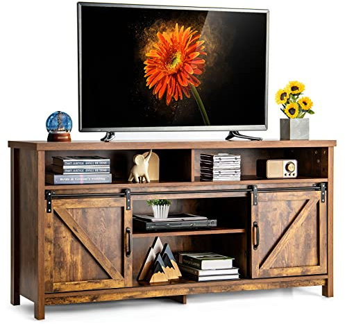 COSTWAY TV Stand for TVs up to 65 Inch, Farmhouse TV Cabinet Media Entertainment Center with Sliding Barn Doors and Adjustable Shelf, 150cm TV Unit Console Table for Living Room Bedroom (Rustic Brown)
