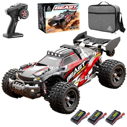 Ledovan 60 KM/H borstlös fjärrstyrd bil, 1/18 RC offroad lastbil allterräng för vuxna, 2,4 GHz hög hastighet snabb RC-bilar, vattentät bärkraft, 3 batterier (röd)