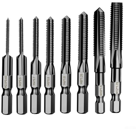 Volakebeing Juego de 8 brocas métricas 6542 de vástago hexagonal, herramientas de corte de rosca M2.5-M12, brocas de roscado de máquina, kit de grifo de tornillo compuesto para taller de metal, madera