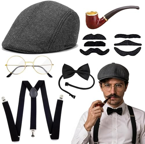yolzhxe 11 Pezzi Accessori Uomo Anni 20, Accessori Gatsby Costume set, Retrò Costume Anni 20 Uomo con Occhiali, Pipa, Barba, Cappello, Papillon, Bretelle per Carnevale, Halloween