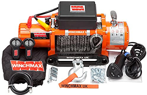 Winchmax 13500lb / 6123kg Original orange 24v elektrische Winde. 28 m 11 mm Dyneema SK75 mehrsträngiges Synthetikseil, 3/8 Zoll Gabelhaken, Twin Wireless Remote Control.