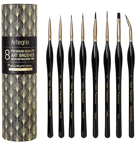 ARTEGRIA Detail Paint Brush Set, 8 Miniature Brushes with Extra Fine Tips and Ergonomic Handles, for Small Scale Models, Figurines, Paint by Numbers for Adults