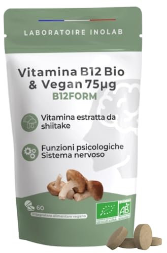 INOLAB Prima Vitamina B12 Biologica e vegana altamente assimilabile | 3 forme naturali Bio e attive di B12 | Metilcobalamina Adenosilcobalamina idroxocobalamina | Senza additivi | 60 compresse
