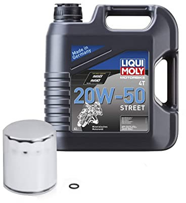 HARLEY-DAVIDSON oder Liqui Moly Motorrad Ölwechsel Set Premium 5 Ölfilter + Motor-Öl 20W-50 (4 L) + O-Ring Dichtung, Chrom/Liqui Moly