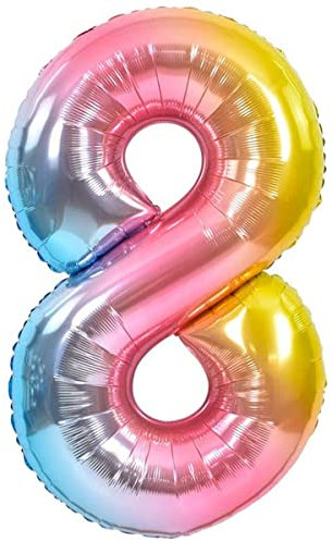 Palloncino 8° Compleanno Numero 8 Gigante Multicolore Pastello, Palloncino XXL di 100 cm. Decorazione Compleanno. Ad Aria o ad Elio
