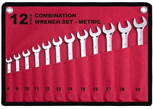 12-Piece Metric Combination Wrench Set in Roll-up Pouch, Non-Skip Sizes 8mm - 19mm | Chrome Vanadium Steel with Mirror Finish | Ideal for General Household, Garage Workshop, Auto Repairs and Much More