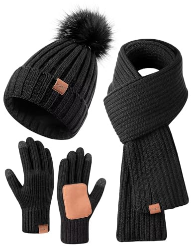 Winter Beanie Hat Scarf Gloves Set for Women, Winter Hats for Women Fleece Lined with Pom Pom Long Scarf Neck Warmer Touchscreen Gloves 3 in 1 Cold Weather Set, Gifts for Mom Sister(Black)