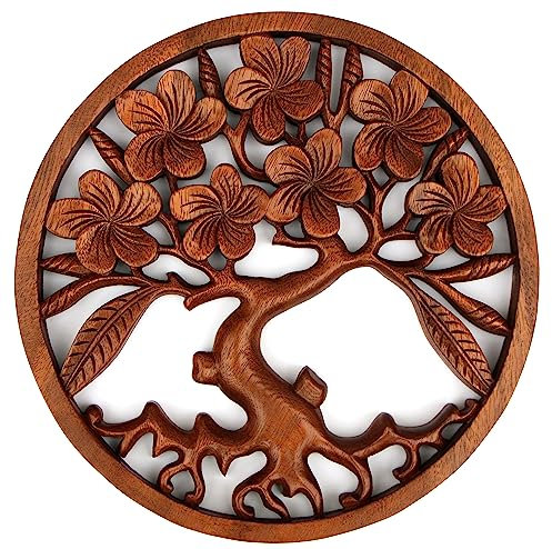 Wogeka - 29 cm Lebens Baum Relief - Handarbeit aus Holz geschnitzt als besondere Geschenk-Idee zur Deko Feng Shui Baum mit Blüten Rel42