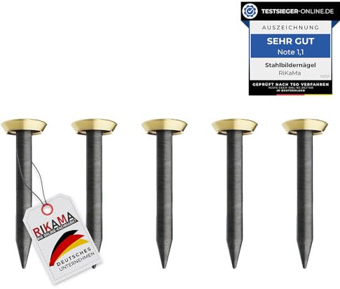 RIKAMA® – 50 Bildernägel mit Halter – Stahlnägel für den Einsatz auf Beton, Ziegelstein, Putz & Holz – Nägel aus gehärtetem Stahl als Bilder Aufhängung – Made in Europe (Gold mit Halter, 20 mm)