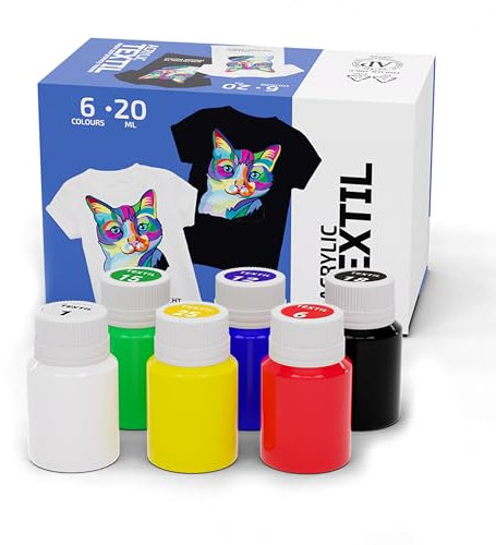 Krevo Art Stoffmalfarben Textilfarben Waschfest | Set aus 6 x 20ml Stofffarben in Fläschchen | Zum Bemalen von verschiedenen Textilien