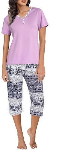 Uniexcosm Ensemble de Pyjama Femme Imprimé Bouton Cravate V Short Coton à Manches Courtes 3/4 Pantacourt PAT3 XL