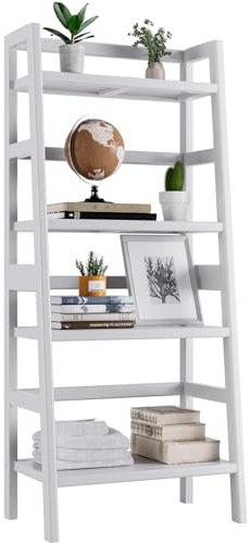 HITNET Leiterregal Weiß, Bücherregal mit 4 Regalen, Freistehend Bambus Standregal, Platzsparendes Aufbewahrungsregal für Badezimmer Wohnzimmer Küche