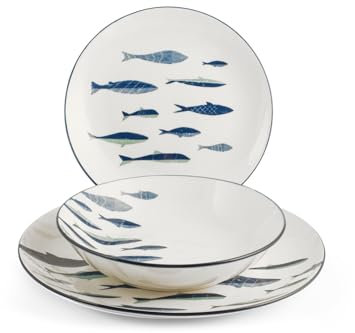 H&H – Vajilla de 18 piezas Atlantic, porcelana decorada, forma coupe, apta para microondas y lavavajillas