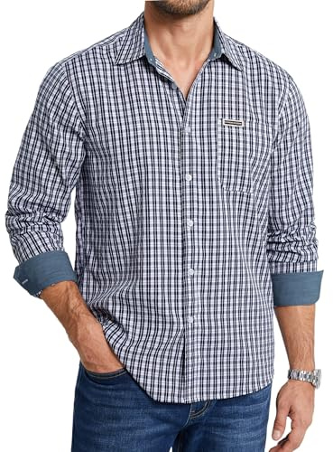 Enlision Checked Shirt Mens Long Sleeve Plaid Check Shirts for Men with Pocket Classic Contrast Collar Gingham Tartan Top for Casual Party S-4XL